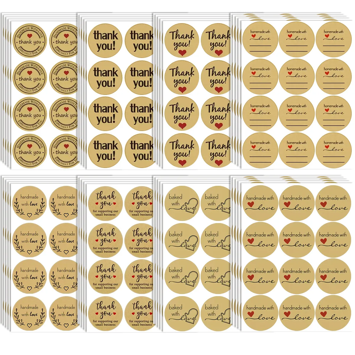 Kraft Paper Thank You Stickers Round Handmade With Love Labels For Small Business Baking Gift Packaging Seal Labels