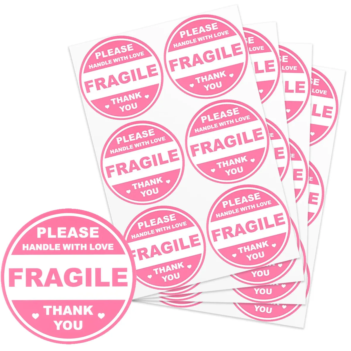 Pink Round Fragile Stickers Please Handle With Love Thank You Self Adhesive Shipping Labels For Packaging Business Mailing