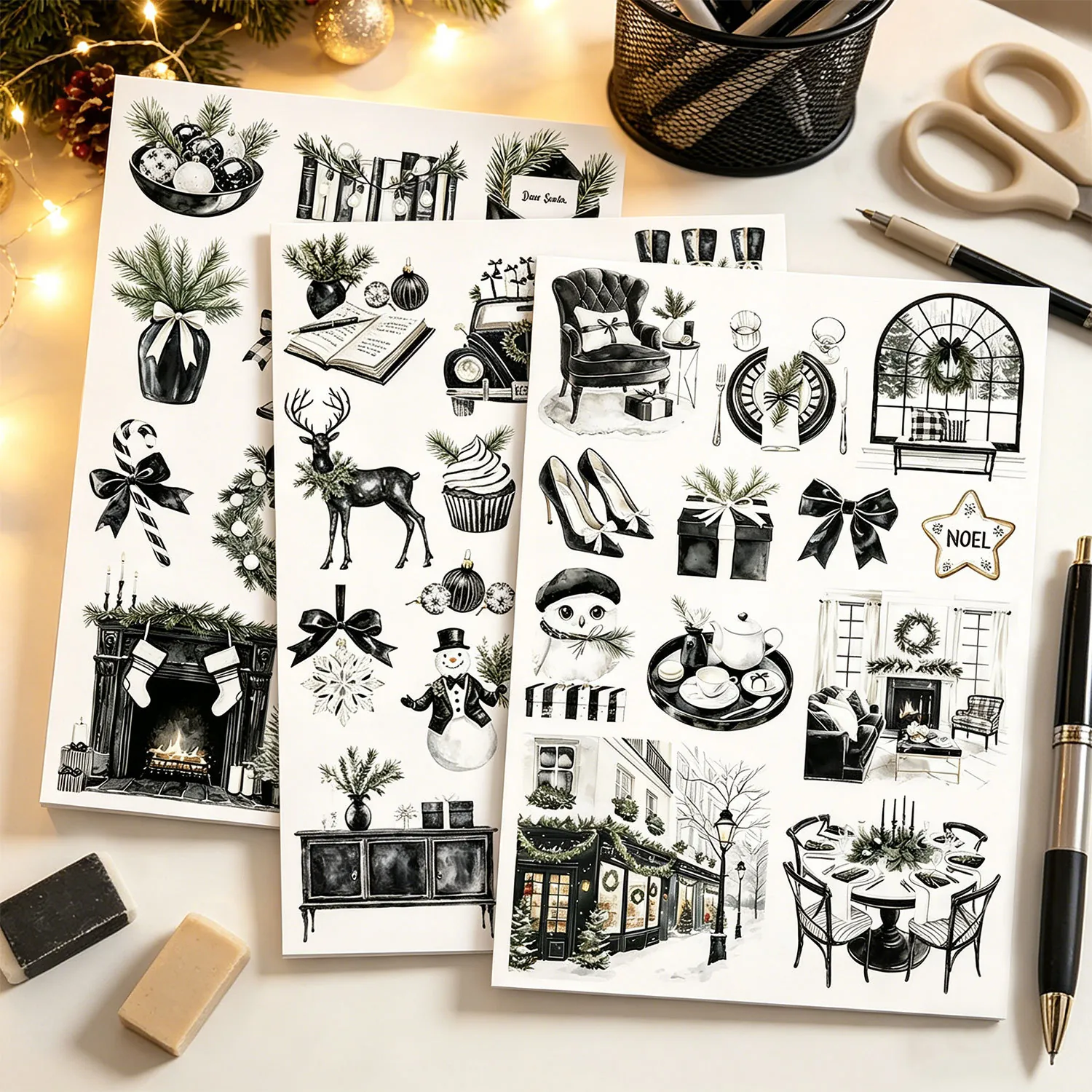 Französische Retro Schwarz Weiß Weihnachtsaufkleber Handgezeichnete Rentier Schneemann DIY Scrapbooking Planer Aufkleber