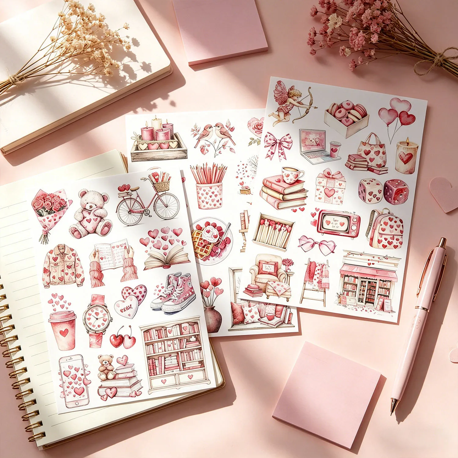 Pink Sweetheart Story Stickers Synthetisch Papier Aquarel Hart Beer Scrapbooking Journal DIY Decoratieve Labels Stickers