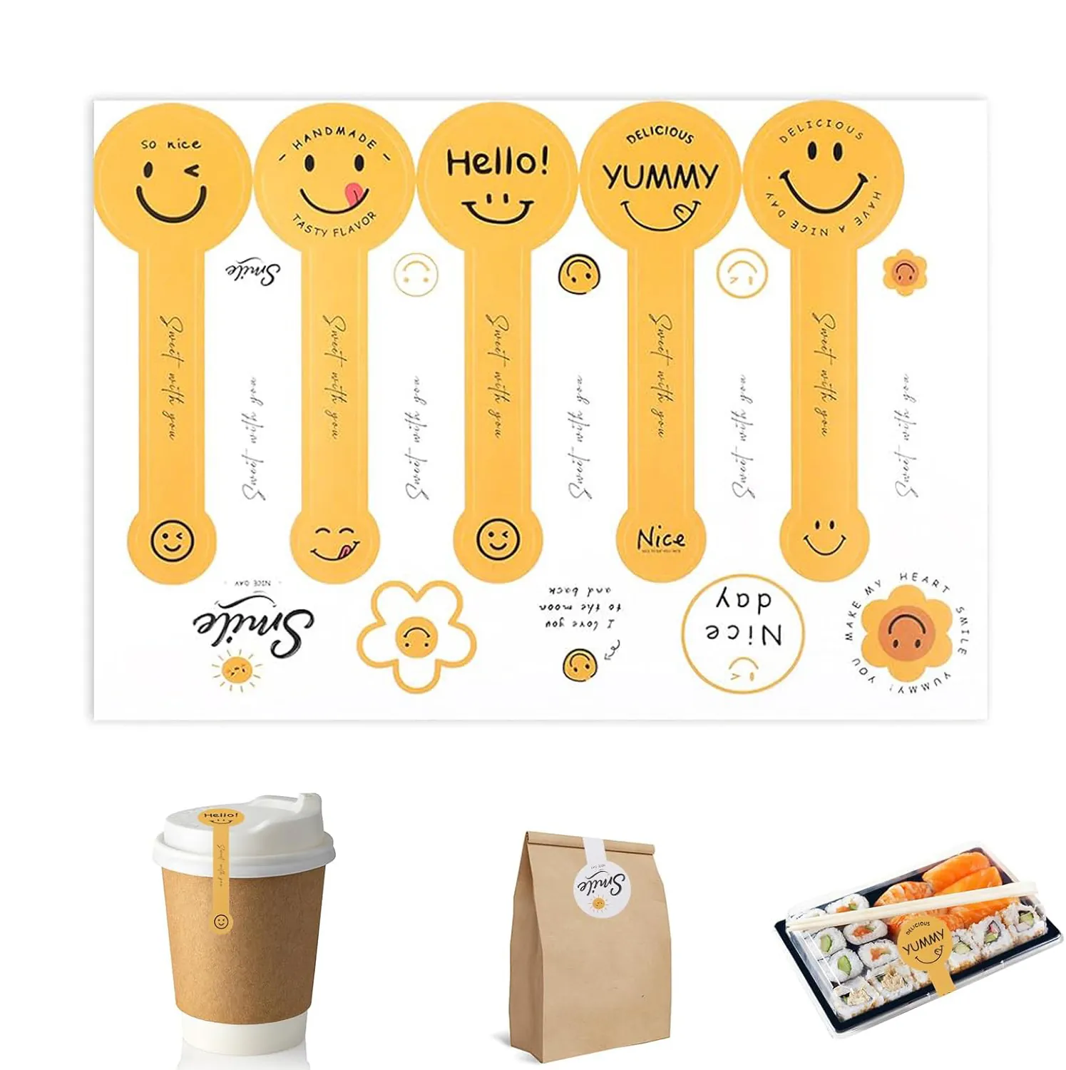 Yellow Smiley Face Baking Long Stickers Ins Style Cute Biscuit Jar Decoration Thank You Labels For Gift Sealing Packaging
