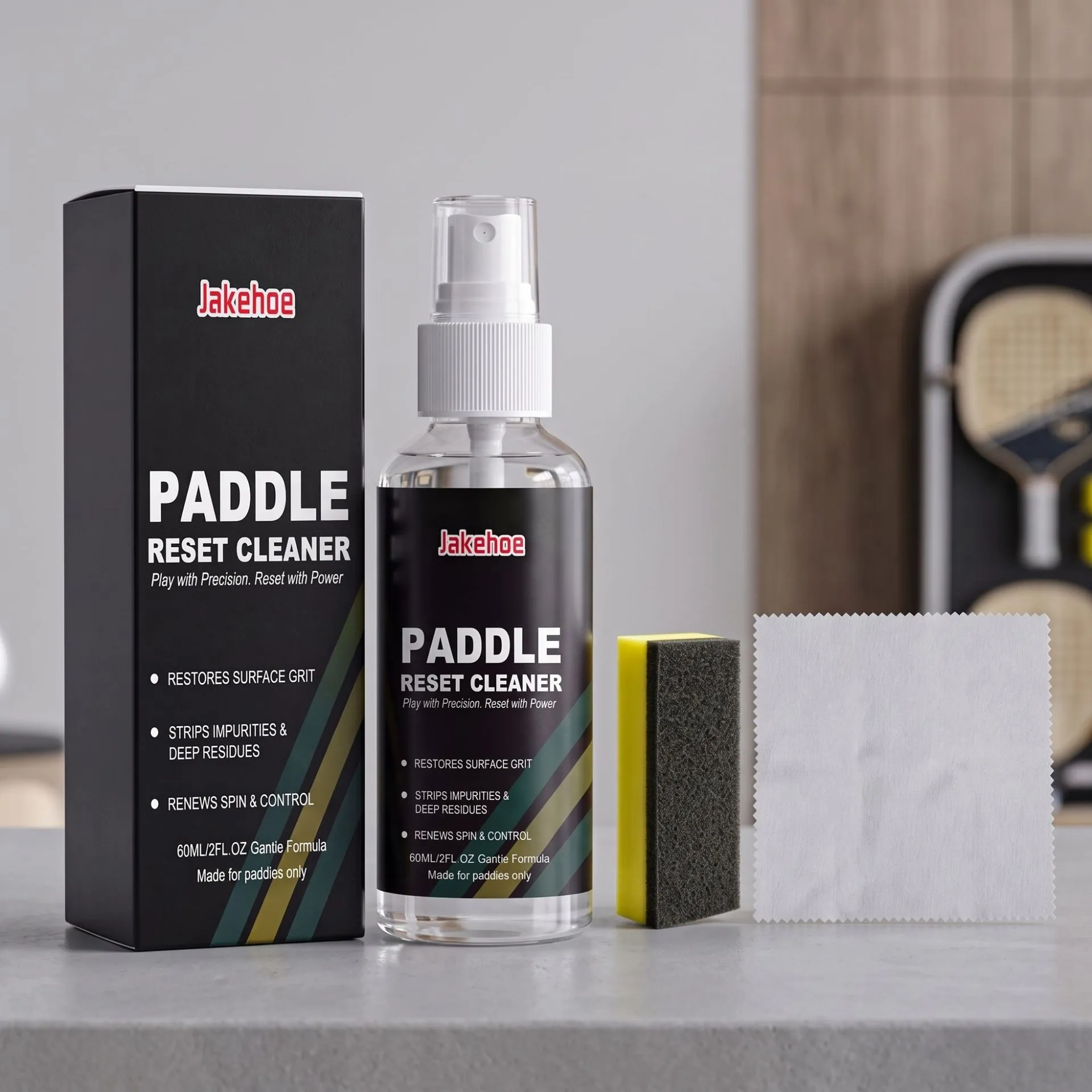 Jakehoe Racket Reset Cleaner Set 60ml Gentle Formula Restoration Spray With Microfiber Cloth And Sponge For Pickleball Paddle Surface Maintenance