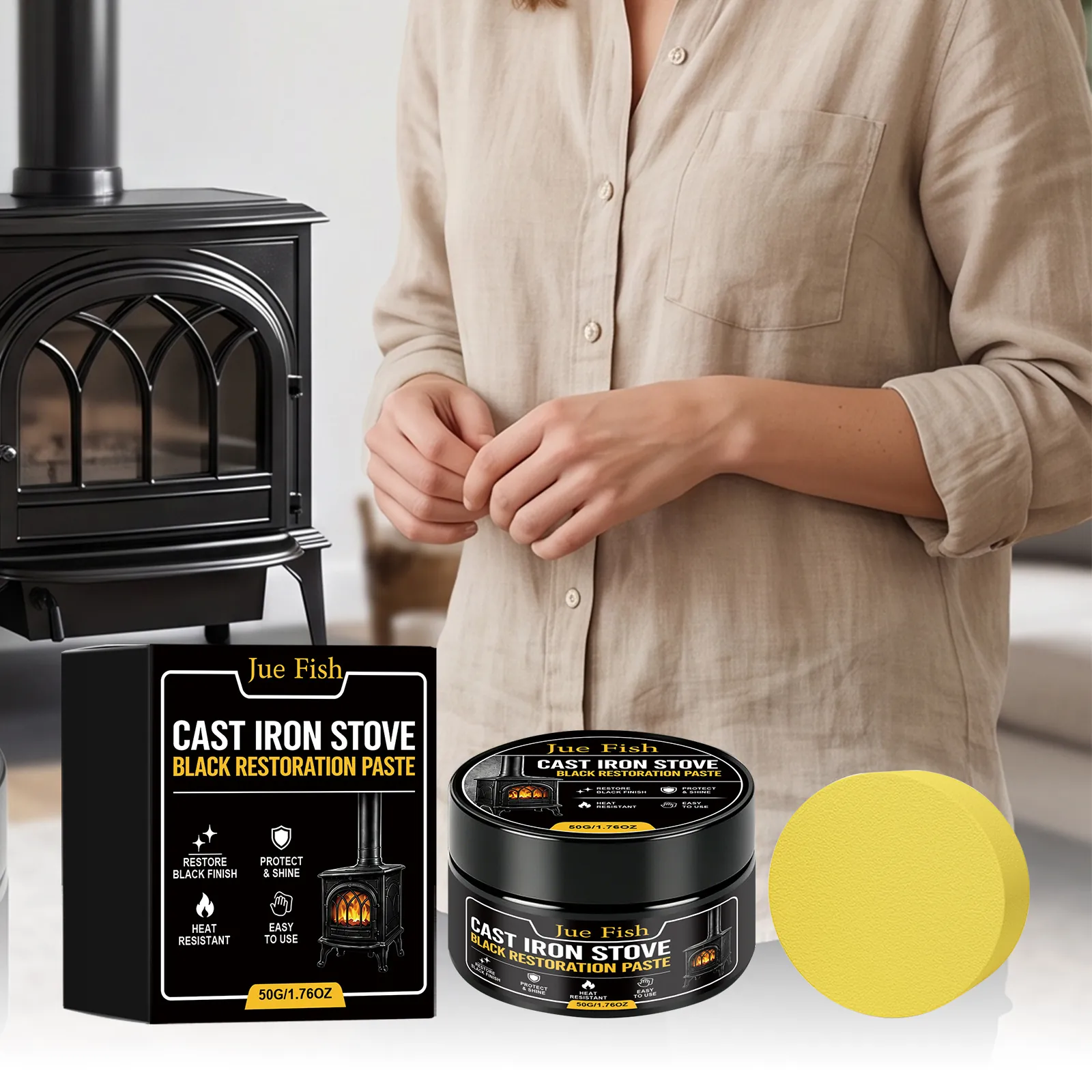 Jue Fish Cast Iron Stove Black Restoration Paste With Sponge Heat Resistant Polishing Cleaning Cream For Kitchen Metal Care