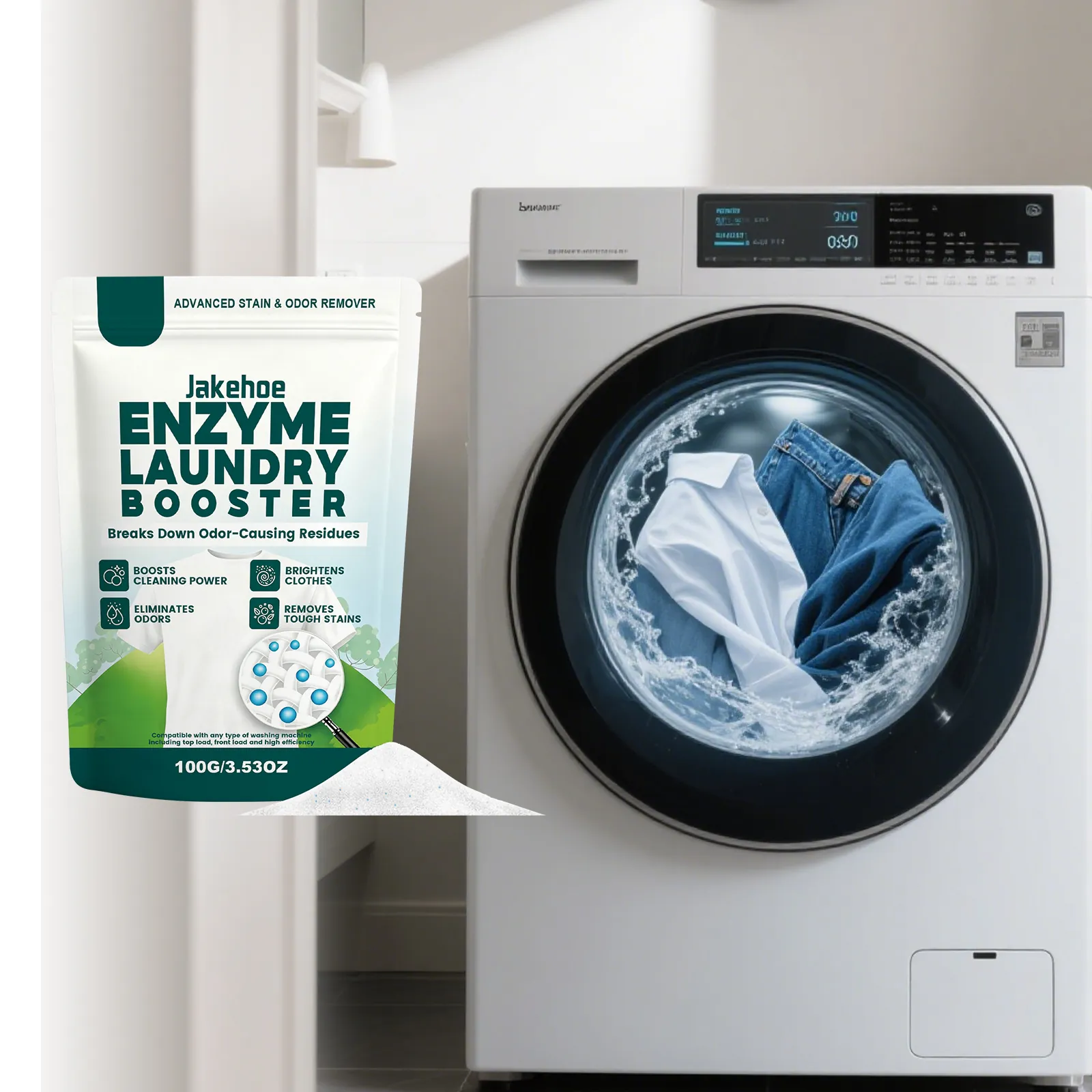 Jakehoe Enzyme Laundry Booster Powder For Deep Cleaning Stain Odor Removal Color Protection Universal Laundry Detergent