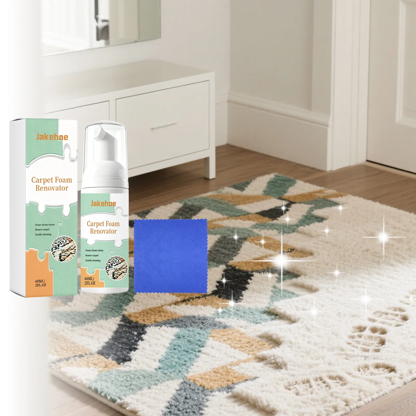 Rénovateur de Tapis en Mousse JAKEHOE Solution de Nettoyage Douce Avec Chiffon en Microfibre pour Tapis et Ameublement Spray Rafraîchissant
