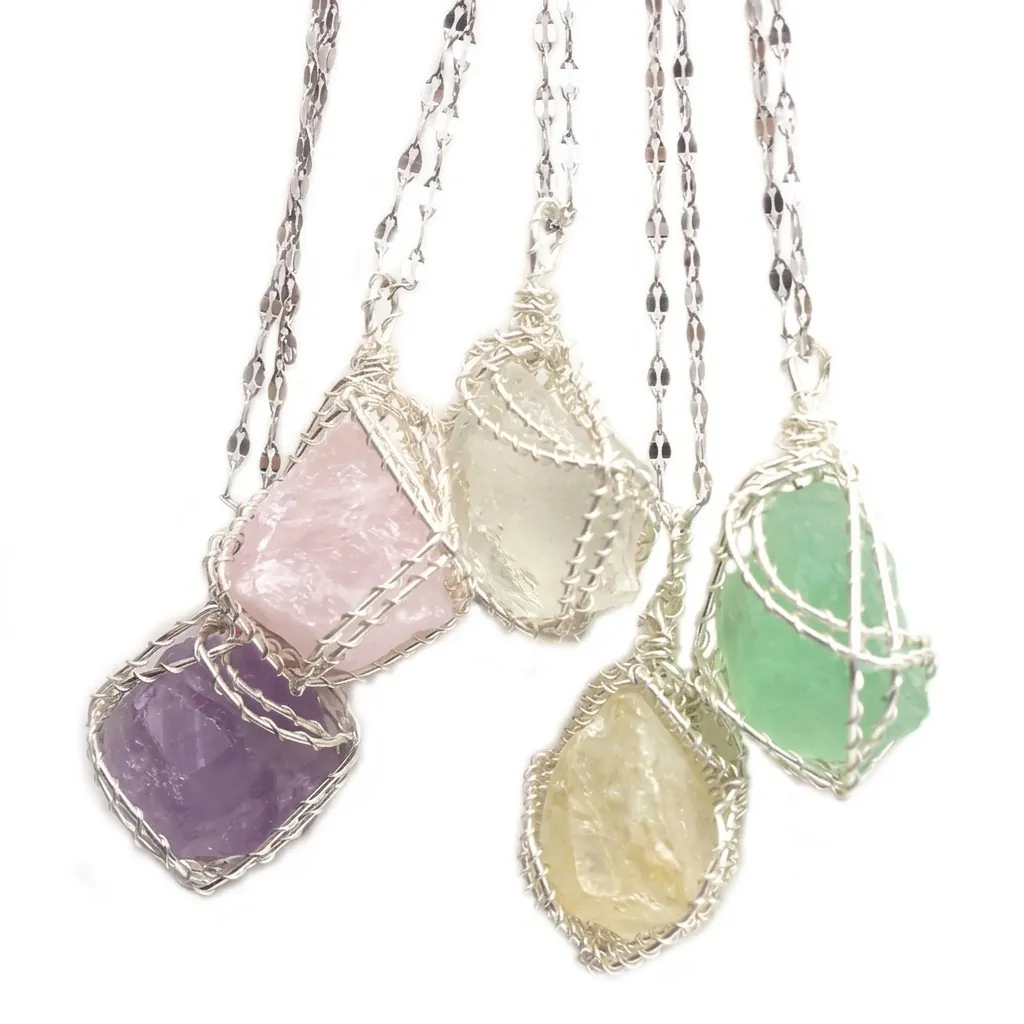 Handmade Wire Wrapped Natural Raw Stone Pendant Necklace For Women Stainless Steel Chain Crystal Bohemian Jewelry Gift
