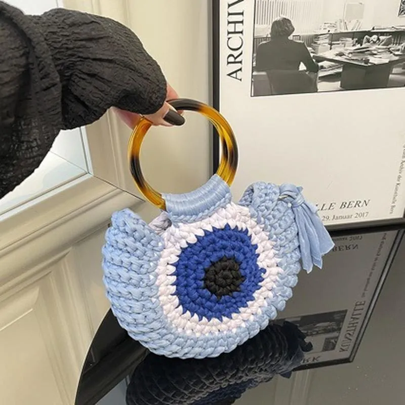 Damen Gestrickte Böser Blick Handtasche Mit Harz Griff Franse Quaste Herbst Winter Handgefertigte Große Kapazität Strandtasche