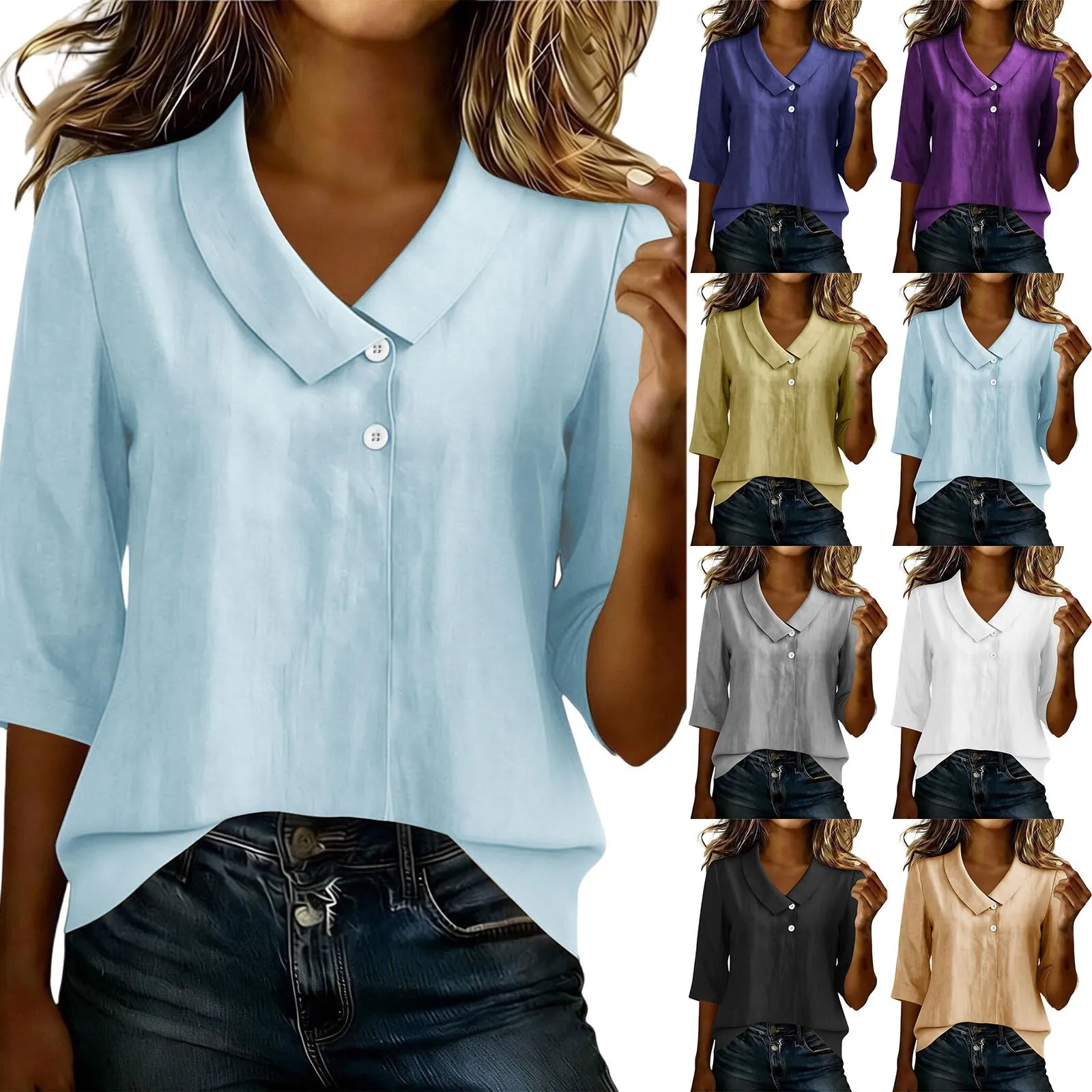 Chemisier Casual en Coton pour Femmes Col en V Coupe Ample Manches Trois-Quarts Couleur Unie Chemise d'Été avec Boutons Tenue de Bureau