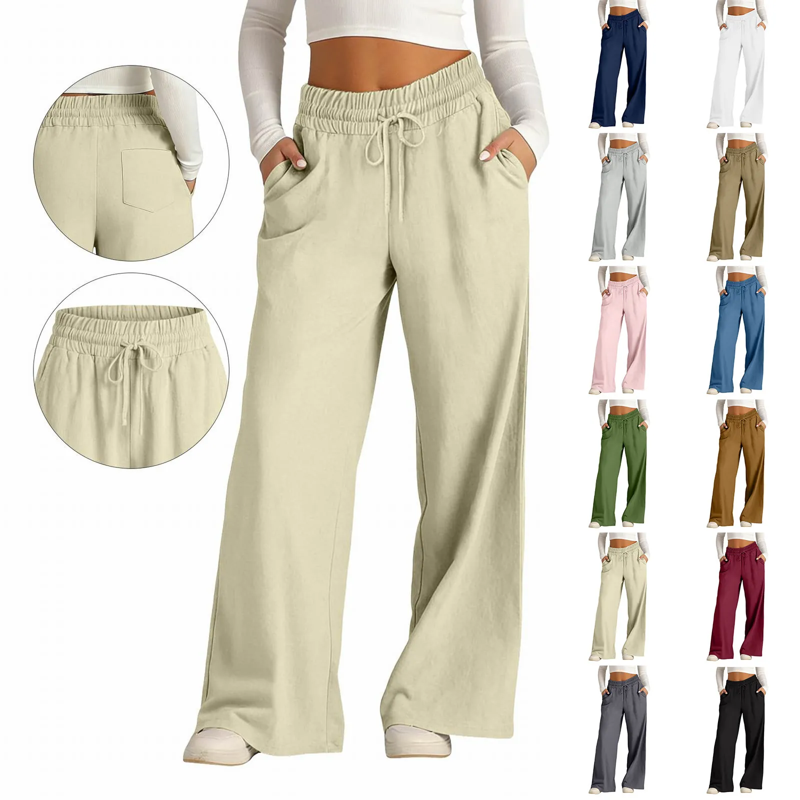 Women Casual Cotton Linen Blend Wide Leg Pants High Waist Loose Drawstring Trousers With Pockets Solid Color Vacation Bottom