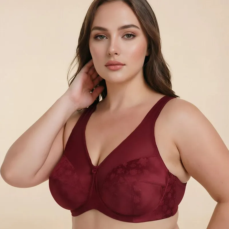 Minimizer-BH Für Damen In Großen Größen Vollschalen-Bügel-BH Breite Träger Blumen-Jacquard Weinrot Lingerie
