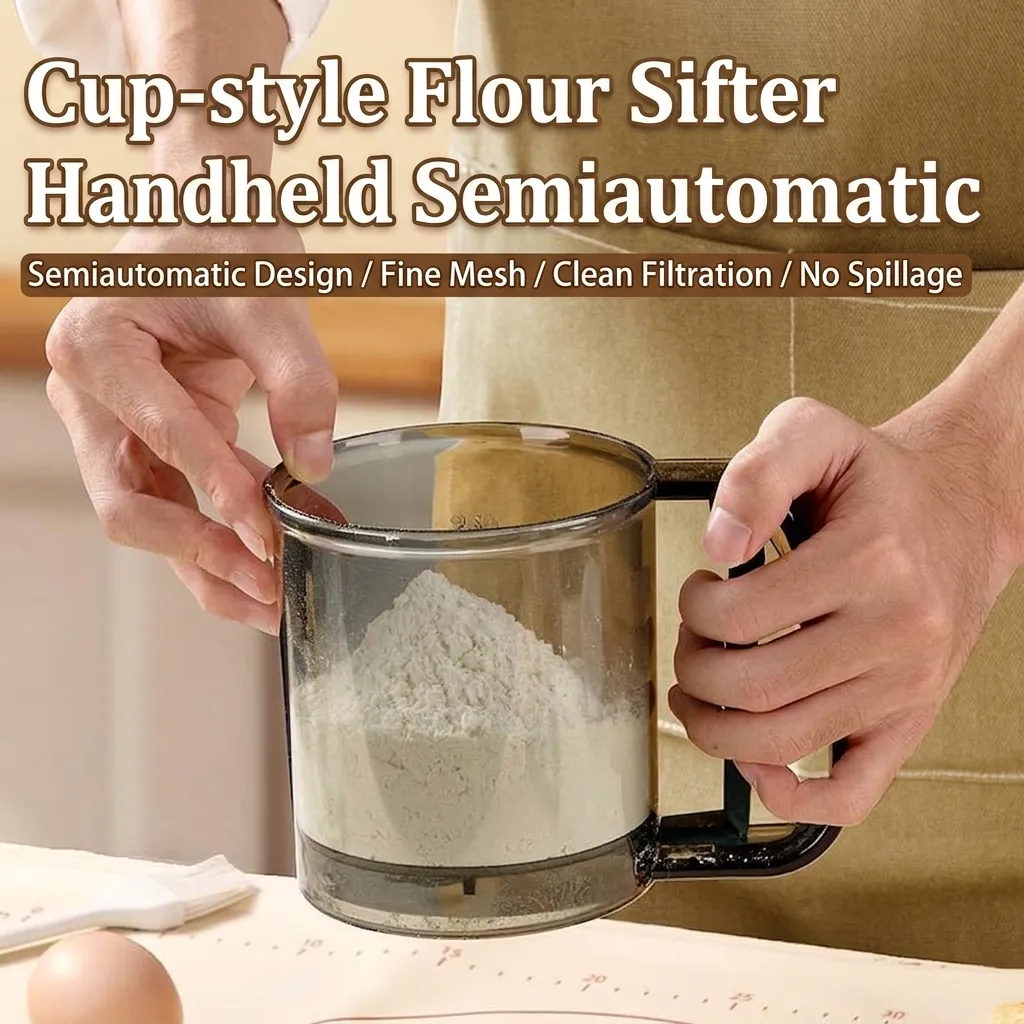 Handheld Semi-Automatic Flour Sifter Cup With Stainless Steel Mesh Fine Powder Filter Scale For Baking Kitchen Tool