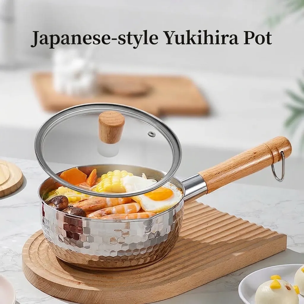 304 Stainless Steel Yukihira Pot Hammered Milk Pot With Glass Lid Beechwood Handle Saucepan For Baby Food Noodle Heating