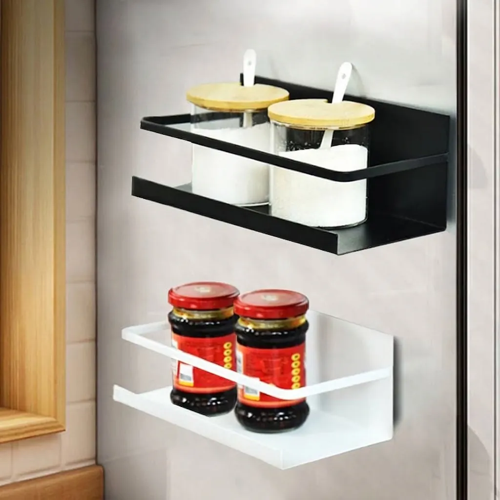Magnetic Refrigerator Side Storage Rack Iron Powder Coated Kitchen Organizer Shelf Punch-Free Space Saving Storage Holder