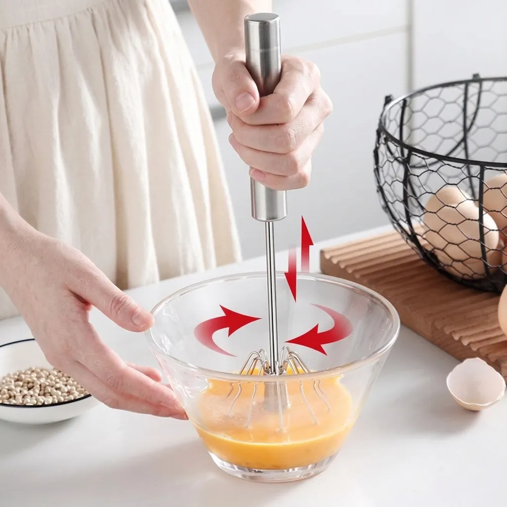 Stainless Steel Semi-Automatic Rotary Whisk Press Hand Egg Beater Cream Stirrer Multi-Functional Kitchen Baking Tool Manual Mixer