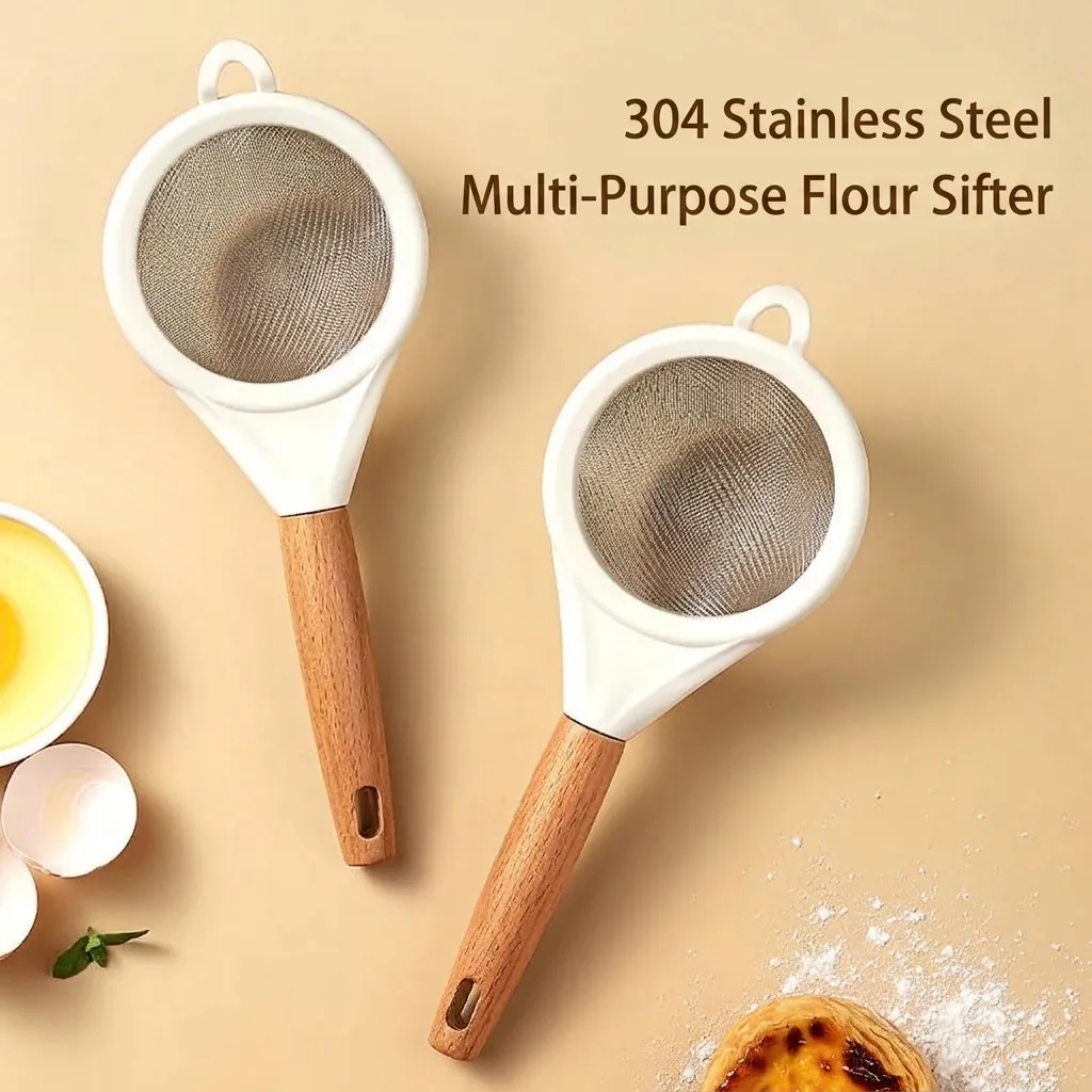 Stainless Steel Fine Mesh Flour Sifter With Wooden Handle Multi-Purpose Kitchen Filter Strainer For Baking Juice Soy Milk