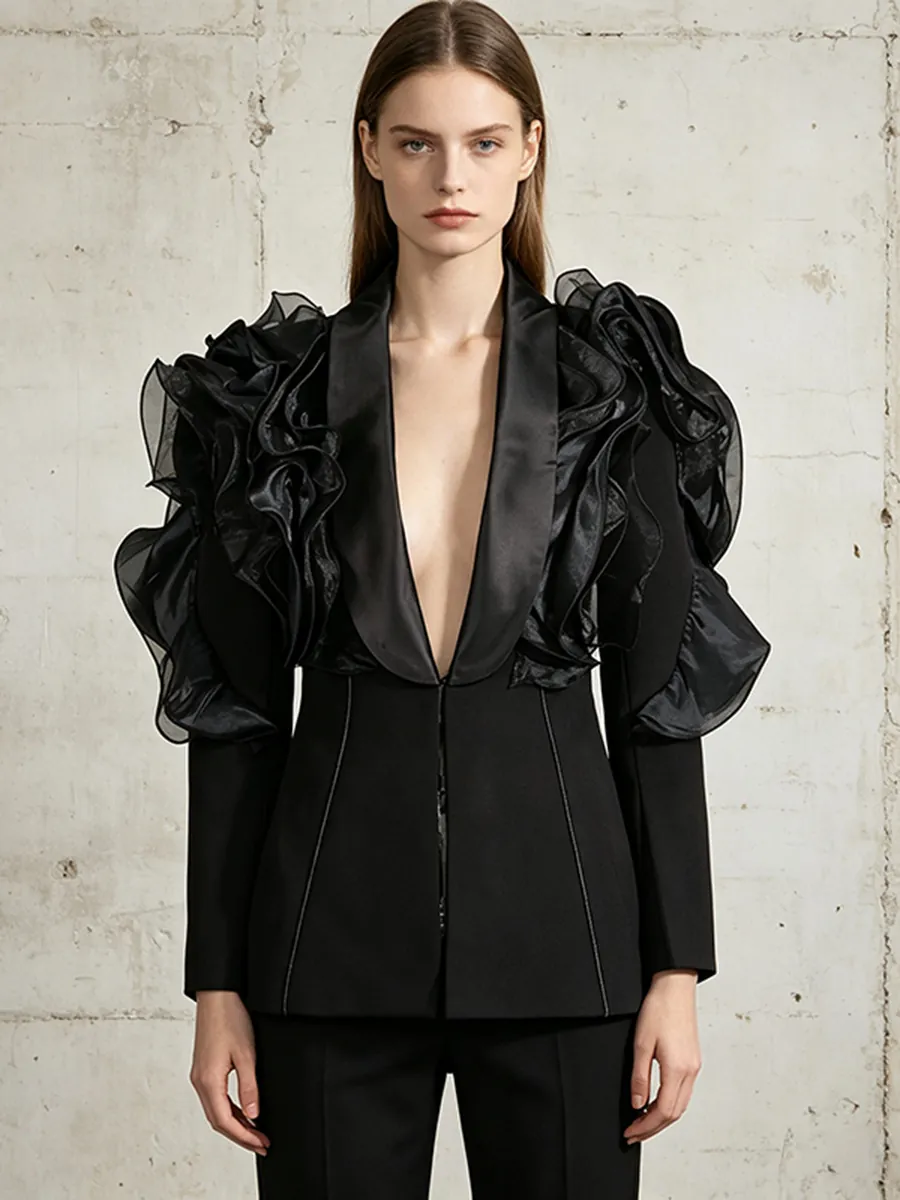Damen Mode Sexy Tiefer V-Ausschnitt Blazer Jacke Mit Rüschen 3D Spleißen Design Runway Stil Schwarz Maßgeschneiderter Mantel