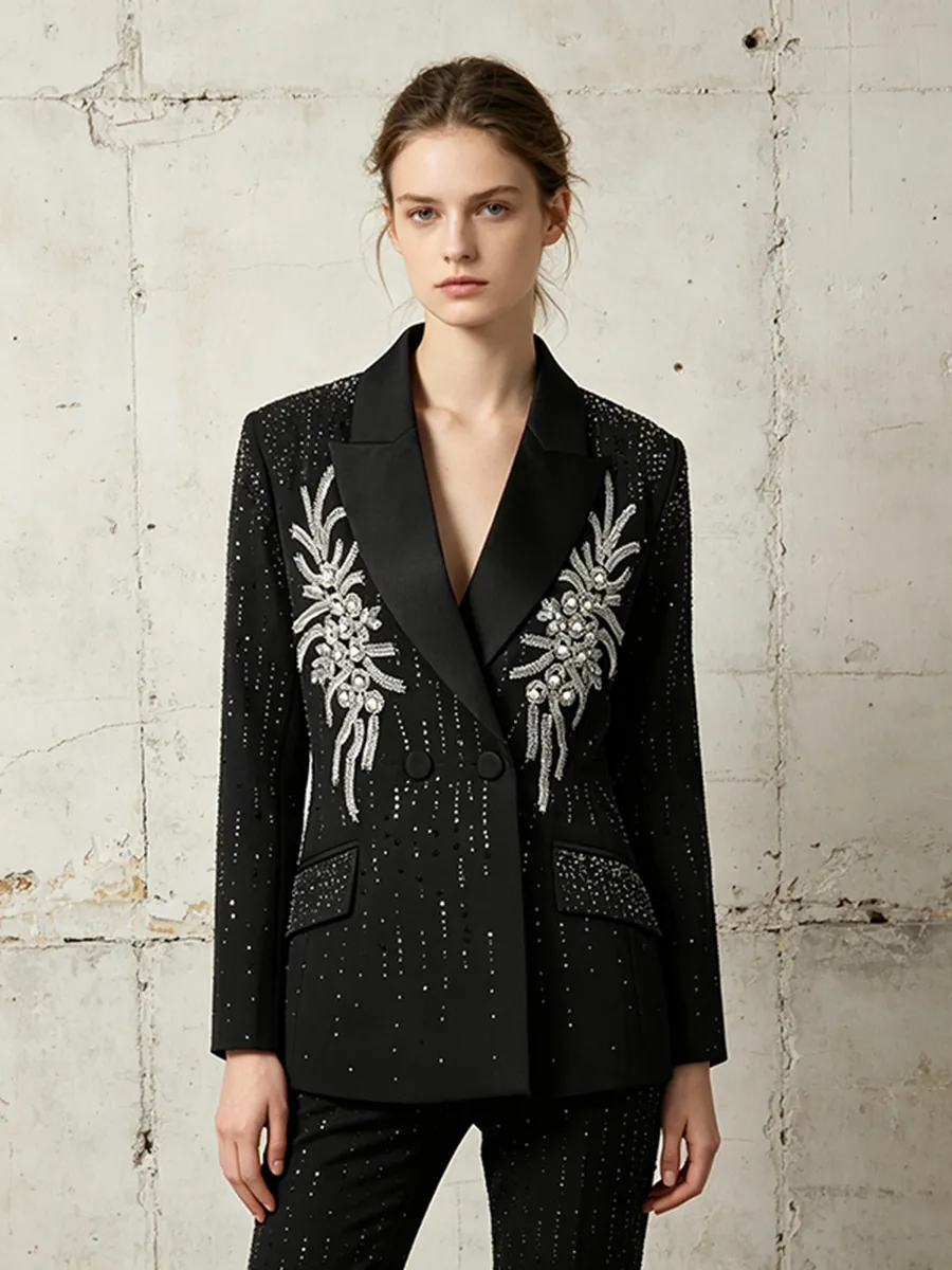Damen Strass Blazer Jacke Zweireihig Revers Locker Langarm Polyester Streetwear Elegant Party Oberbekleidung Top