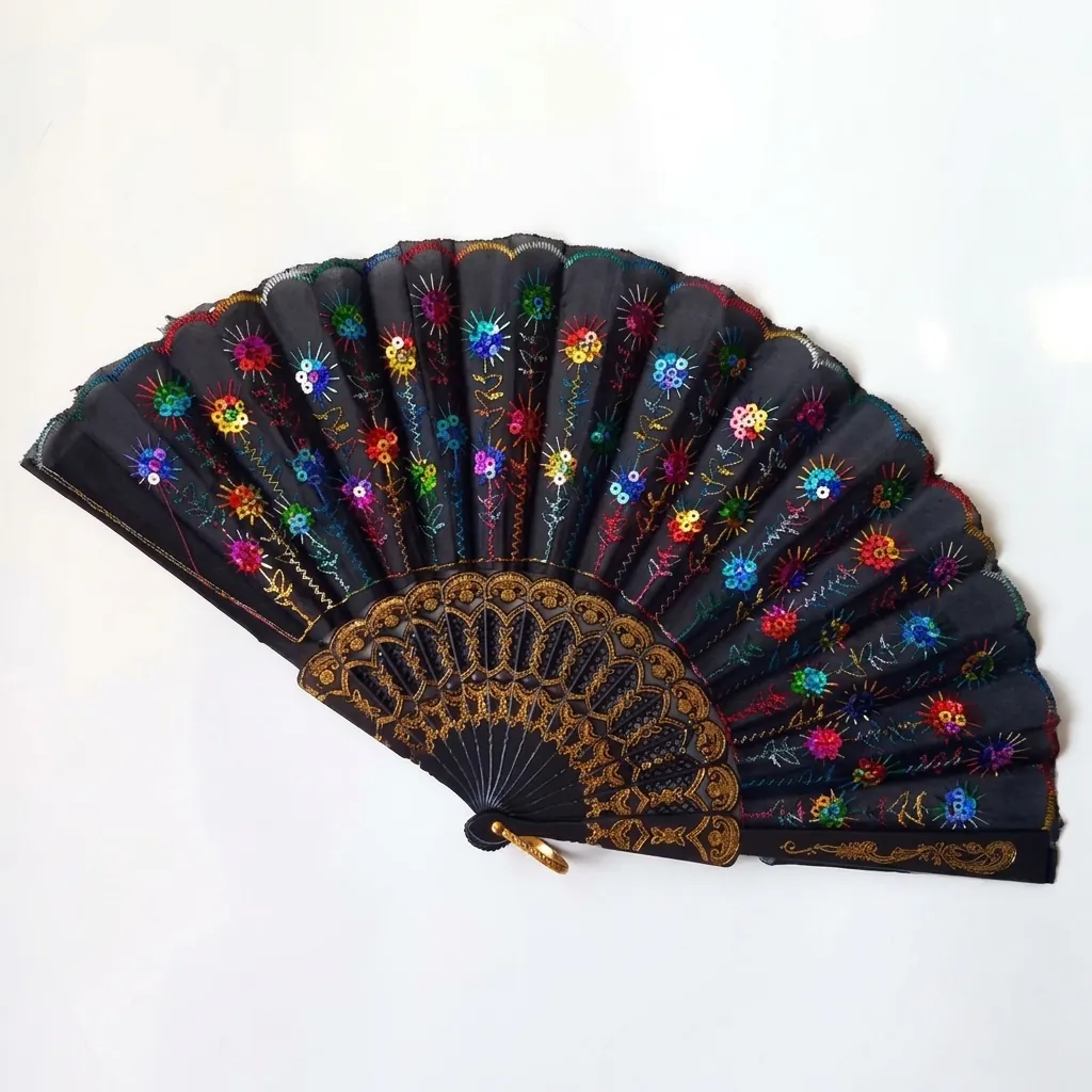 Spanish Style Folding Fan Sequin Embroidery Peacock Feather Pattern PE Plastic Frame Hand Fan For Dance Wedding Home Decor