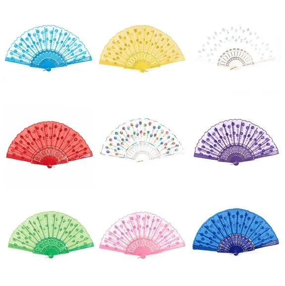Chinese Style Sequin Folding Fan Hand Embroidered Decorative Hand Fan With Colorful Plastic Ribs For Wedding Dance Party Performance