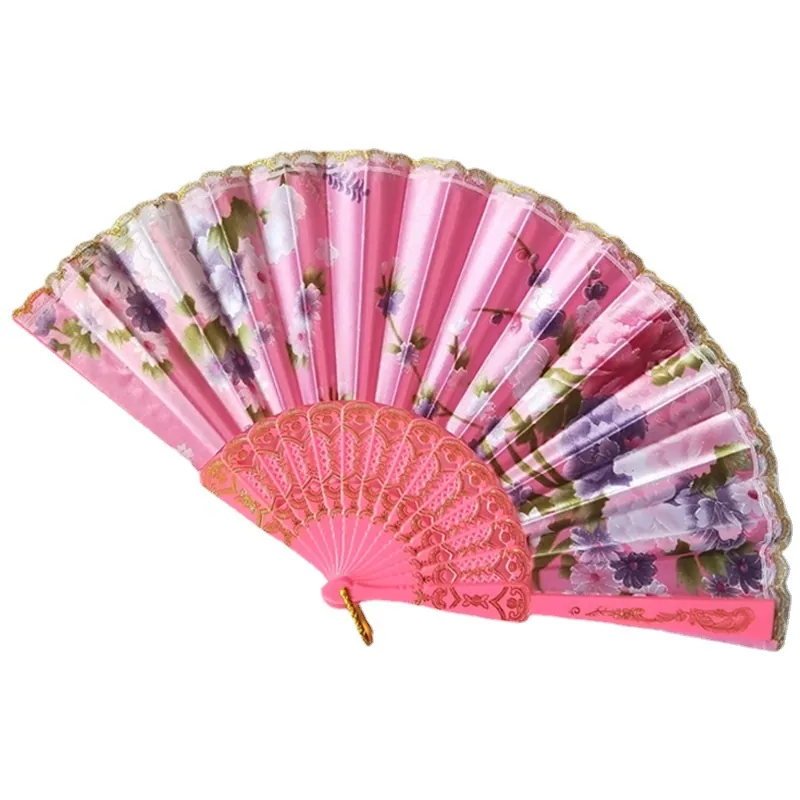 Vintage Floral Print Satin Folding Fan Plastic Frame With Gold Lace Trim Elegant Chinese Dance Fan For Wedding Party Decoration