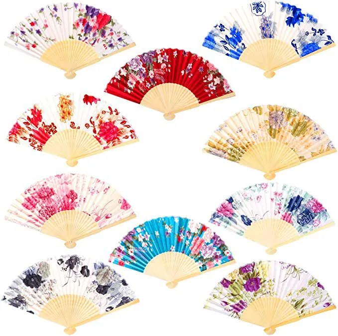 Japanese Style Handheld Folding Fan Bamboo Bone Satin Fabric Hollowed Floral Pattern For Wedding Party Gift Women