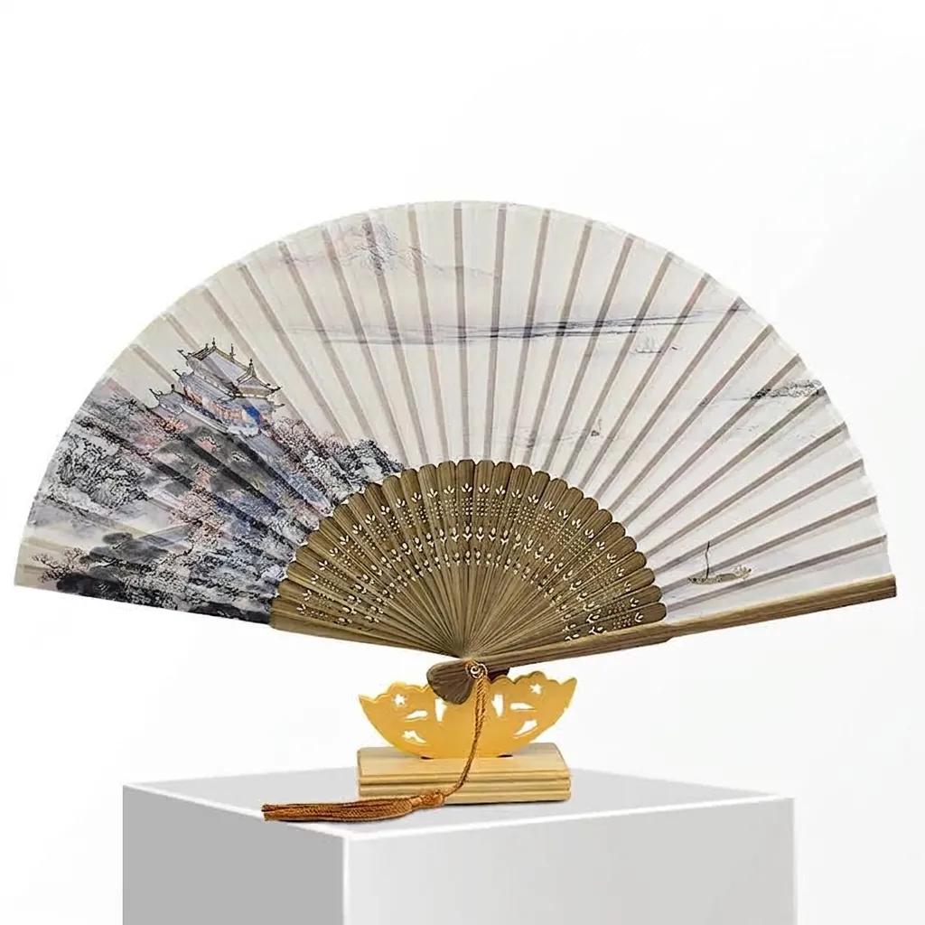 Chinese Style Vintage Folding Hand Fan Satin Bamboo Ribs Decorative Fan with Tassel for Men Women Wedding Party Home Decor