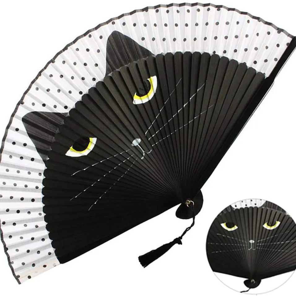 Japanischer Bambus Faltfächer Mit Cartoon Katze Muster Punkte Leinen Handfächer Lackierter Griff Quaste Für Damen Dekoration