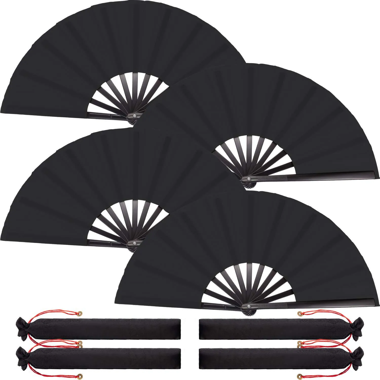 Solid Black Kung Fu Fan Martial Arts Tai Chi Performance Hand Fan With Protective Sleeve Bamboo Plastic Bone Folding Fan
