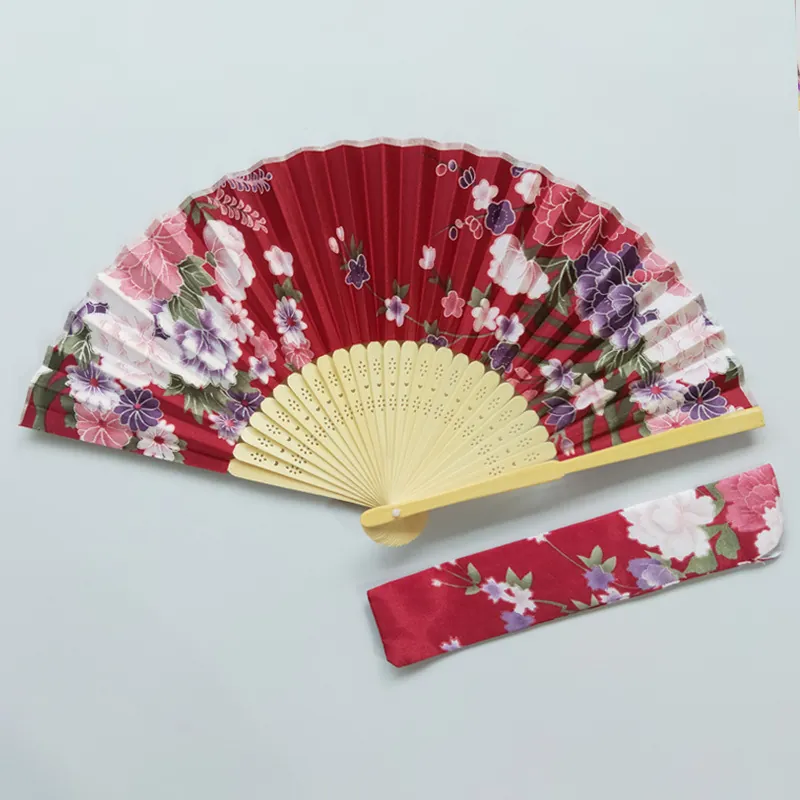 Abanico Plegable de Satén Estilo Japonés Con Bolsa a Juego para Mujer Patrón Floral Hueso de Bambú para Boda Fiesta Decoración Hogar