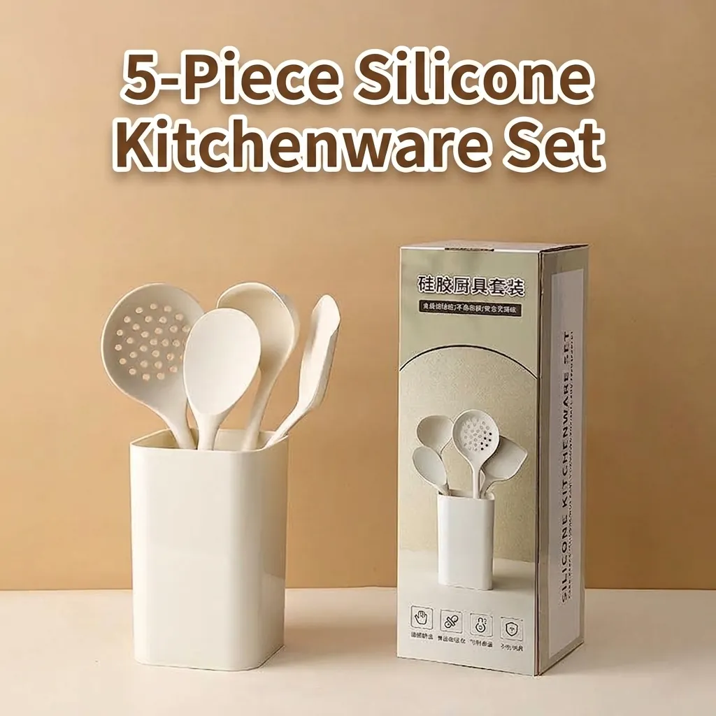Silicone Kitchen Utensil Set Heat Resistant Non-stick Spatula Soup Spoon Slotted Spoon Rice Spoon With Storage Bucket Modern Minimalist Cooking Tools Home Utensils