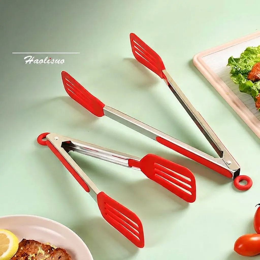 Heat Resistant Silicone Food Tongs With Non-Slip Grip Kitchen BBQ Tongs For Cooking Steak Salad Serving Locking Mechanism Red