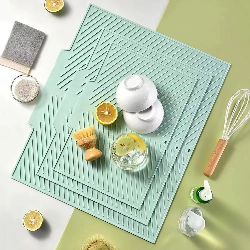 Nordic Silicone Drainage Mat Heat Resistant Kitchen Counter Protector Non-Slip Stripe Dish Drying Pad Insulation Table Mat