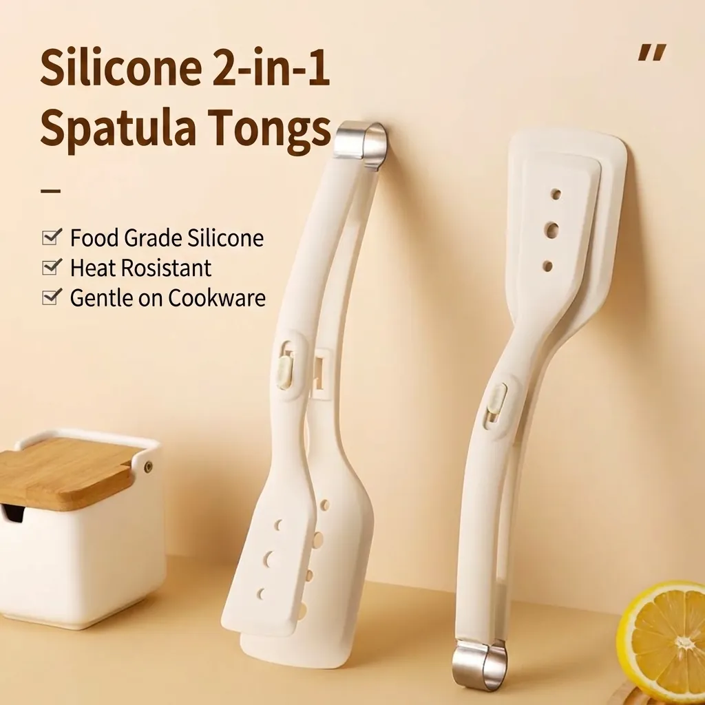 2-in-1 Silicone Spatula Tongs Heat Resistant Spatula Tongs With Locking Switch Food Grade Non-stick Cooking Utensil Spatula Clamp Cream White