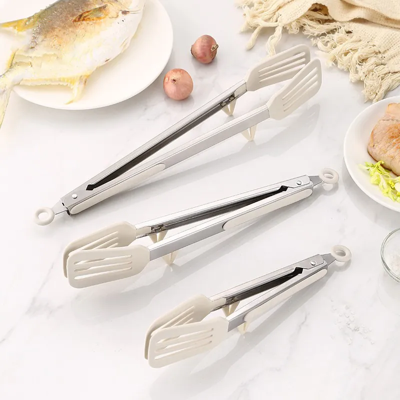 430 Stainless Steel Silicone Food Tongs Heat Resistant Non-Slip BBQ Baking Bread Steak Tongs With Locking Ring Kitchen Utensils