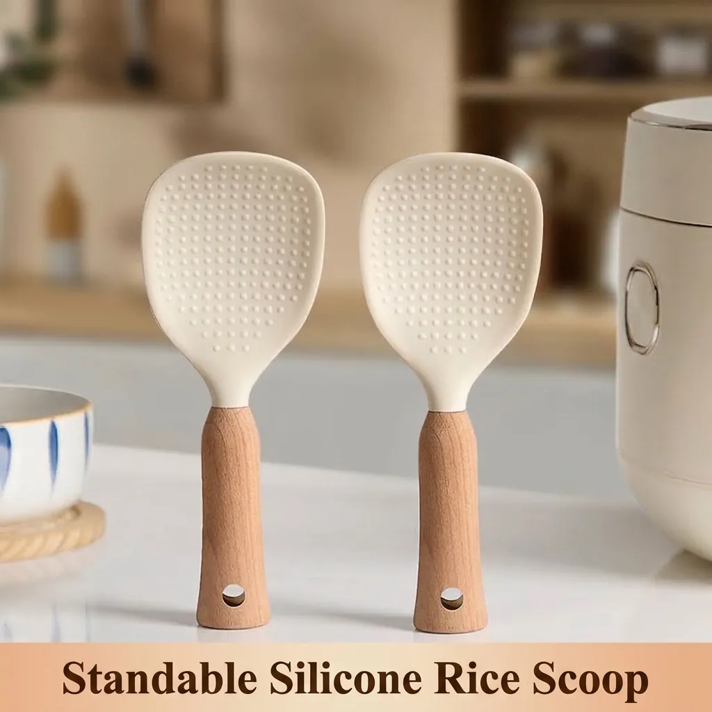 Food Grade Silicone Rice Spoon With Beech Wood Handle Non-stick Self Standing Rice Paddle Heat Resistant Kitchen Cooking Shovel