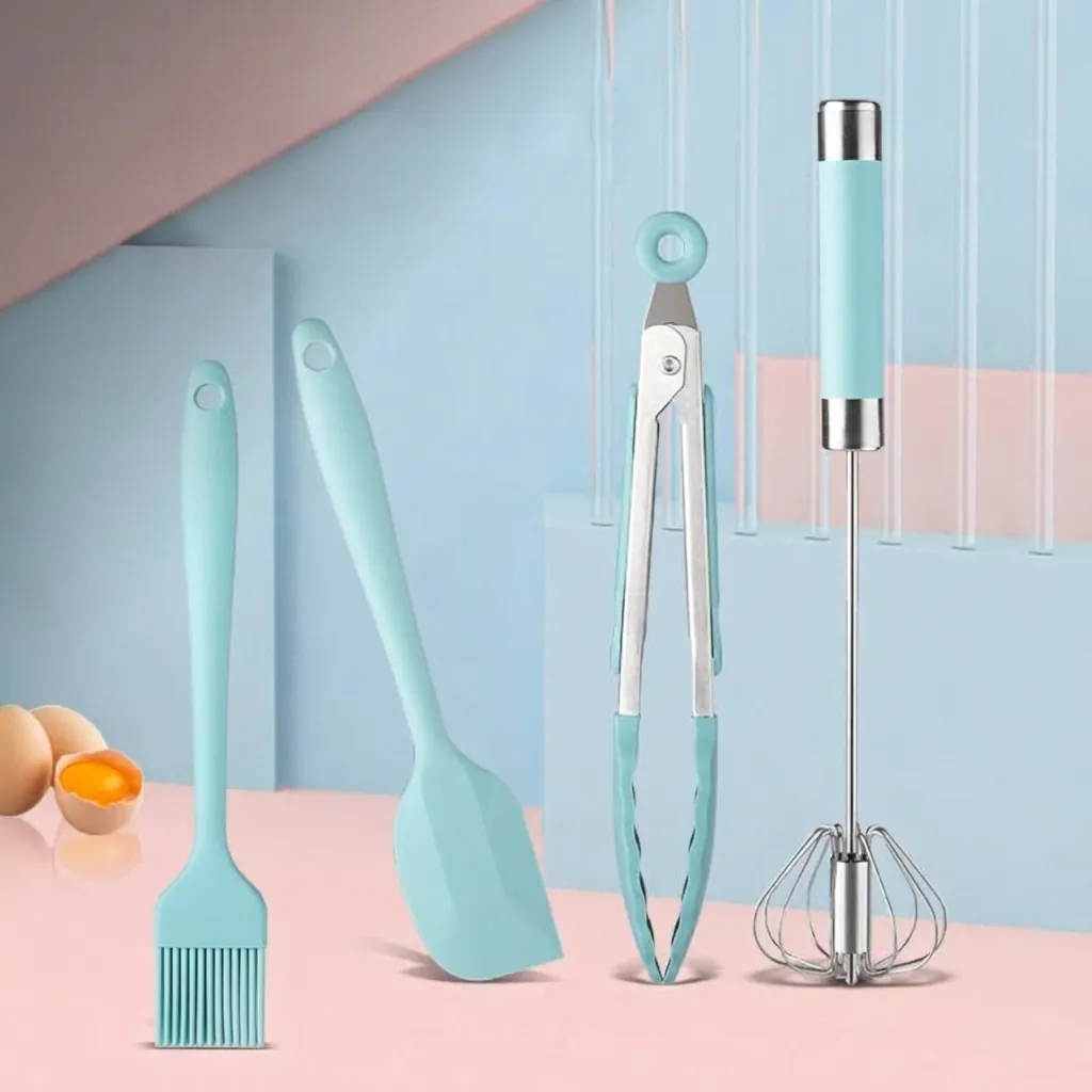 Set di Strumenti da Forno in Silicone Con Frusta Semiautomatica Pinza per Alimenti Spatola e Pennello Manico in Acciaio Inossidabile Utensili da Cucina