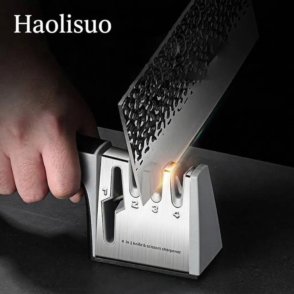 Manual Knife Sharpener Four Stages Fast Sharpening Tool for Kitchen Knives and Scissors Ergonomic Handle Stainless Steel Base