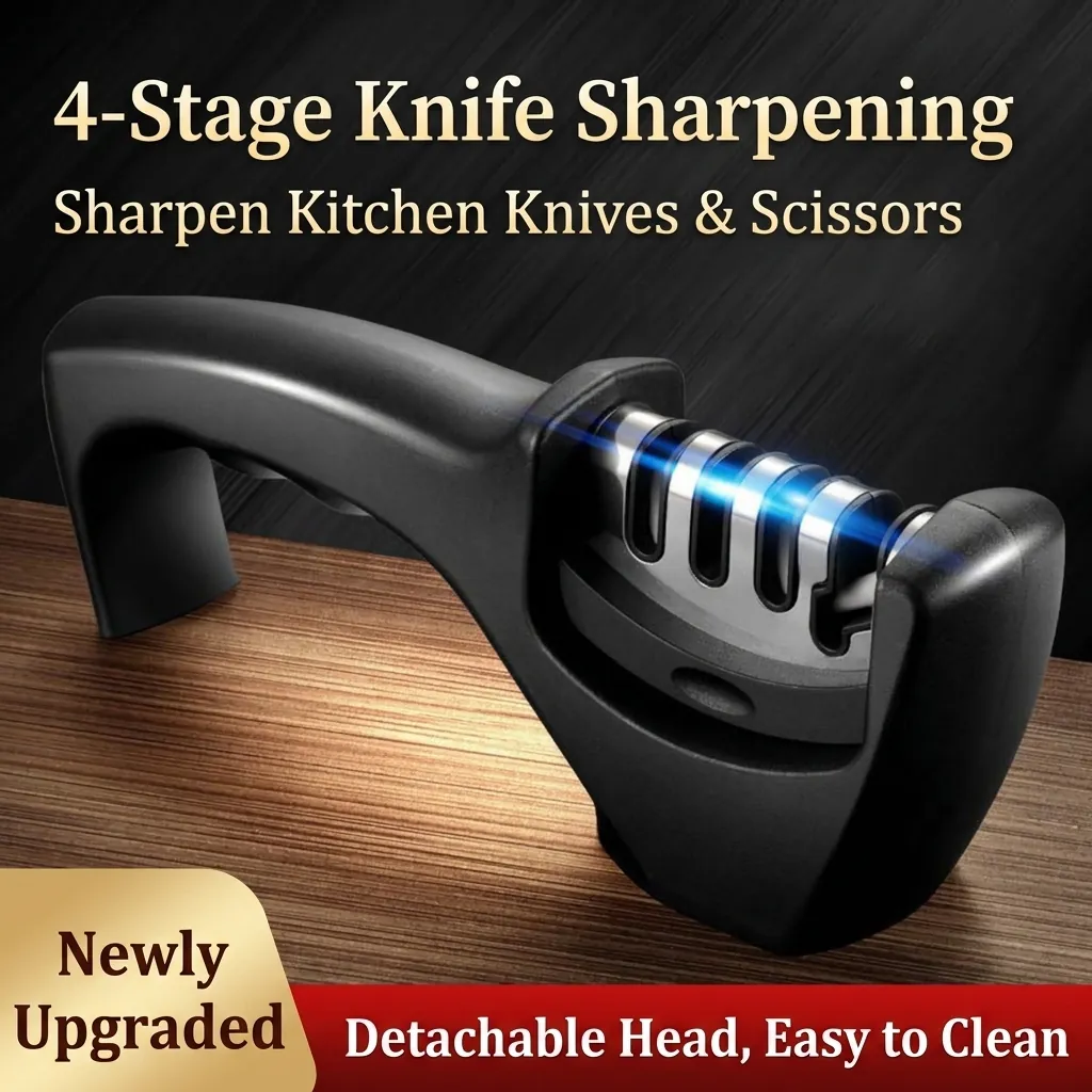 Professional 3-Stage Manual Knife Sharpener Household Kitchen Sharpening Tool with Ergonomic Handle and Non-Slip Base Black