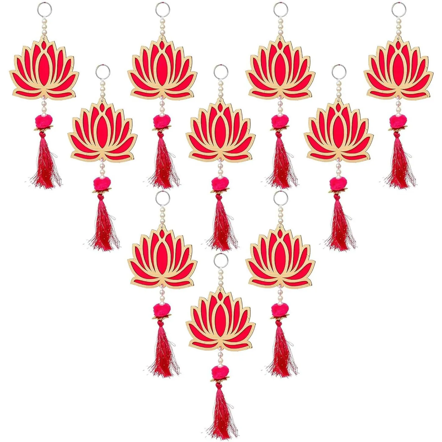 Ornement Suspendu en Acrylique Forme de Lotus Avec Gland Perle Artificielle Strass pour Diwali Mariage Noël Maison Fête Décoration