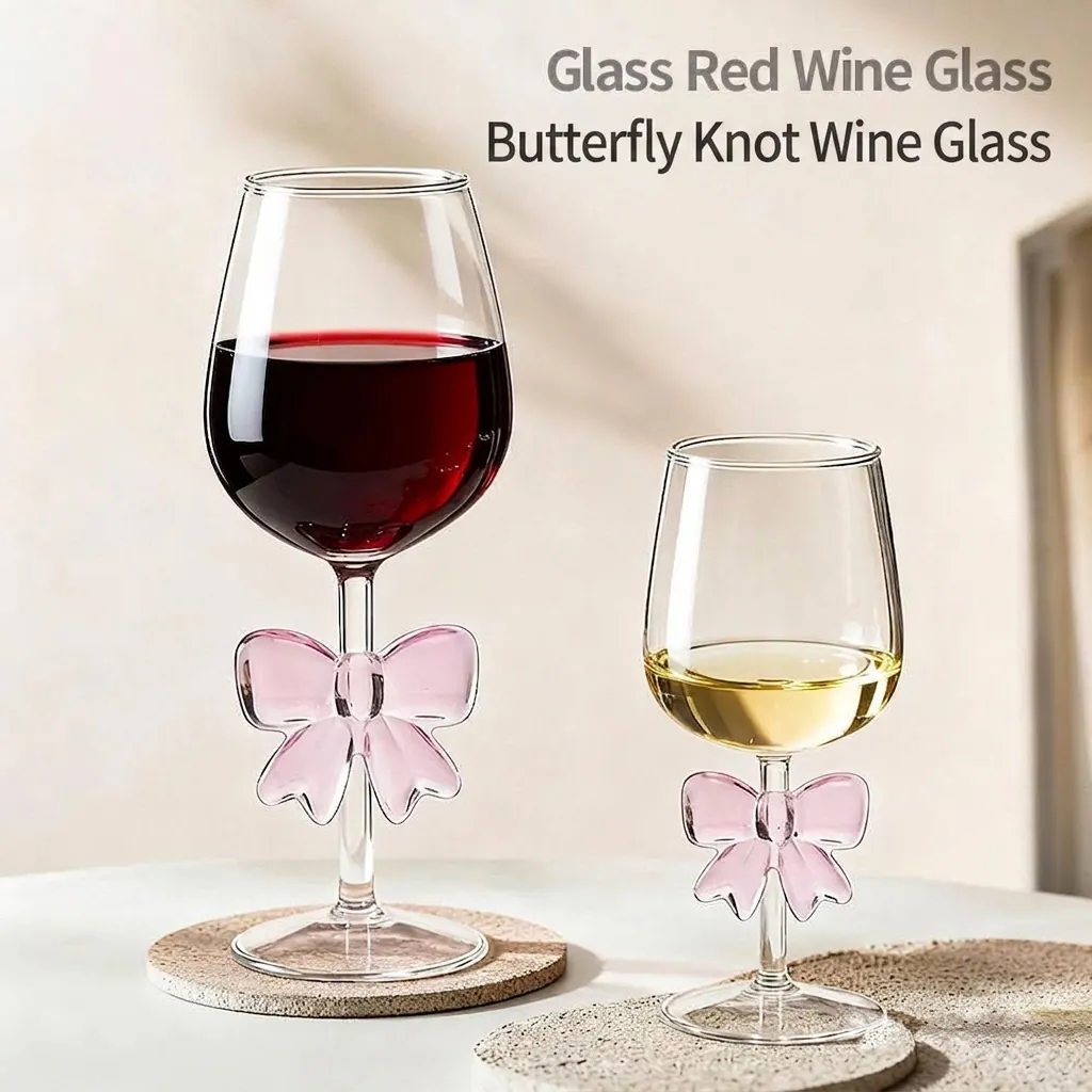Creative Borosilicate Glass Red Wine Glass Pink Bow Champagne Flute Romantic Gift Glassware For Valentine Day Wedding Party