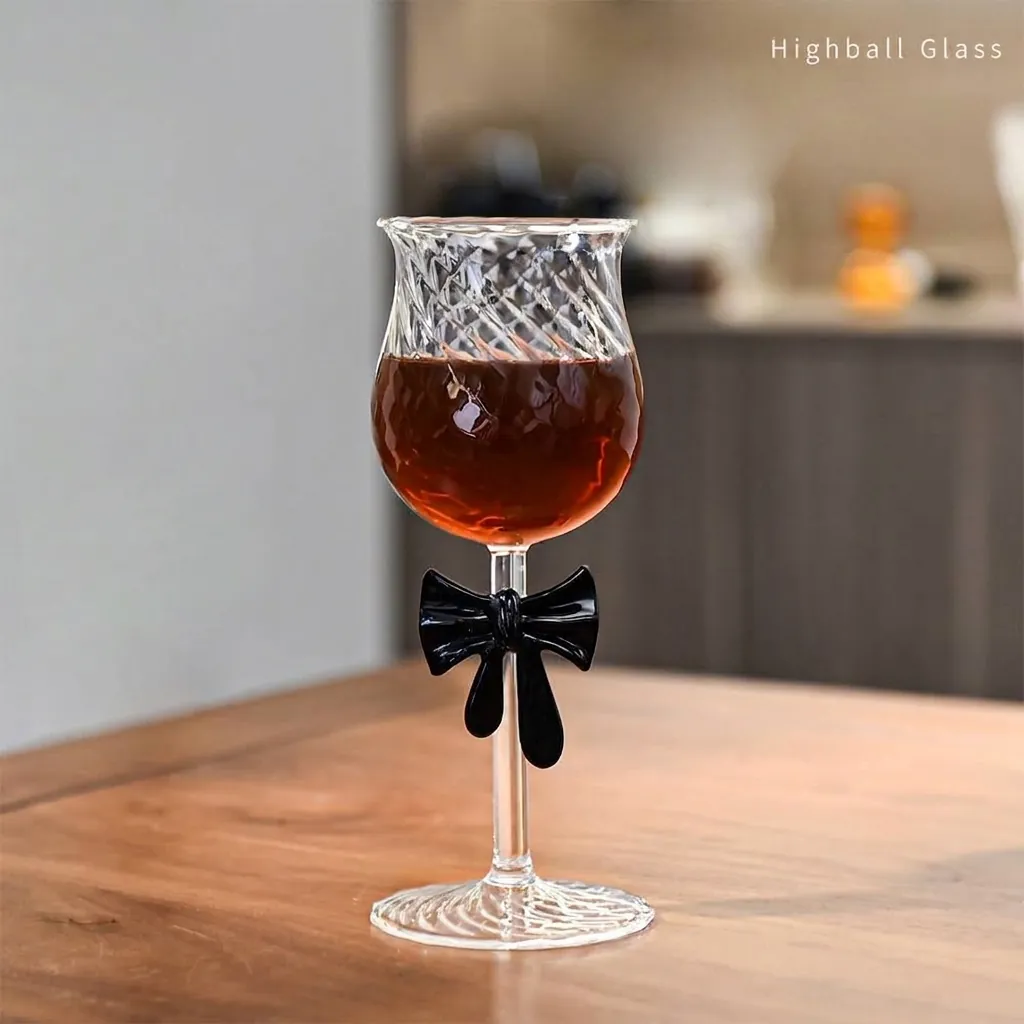 Creative Borosilicate Glass Champagne Flute with Black Bowknot Elegant Spiral Ribbed Wine Glass Romantic Drinkware