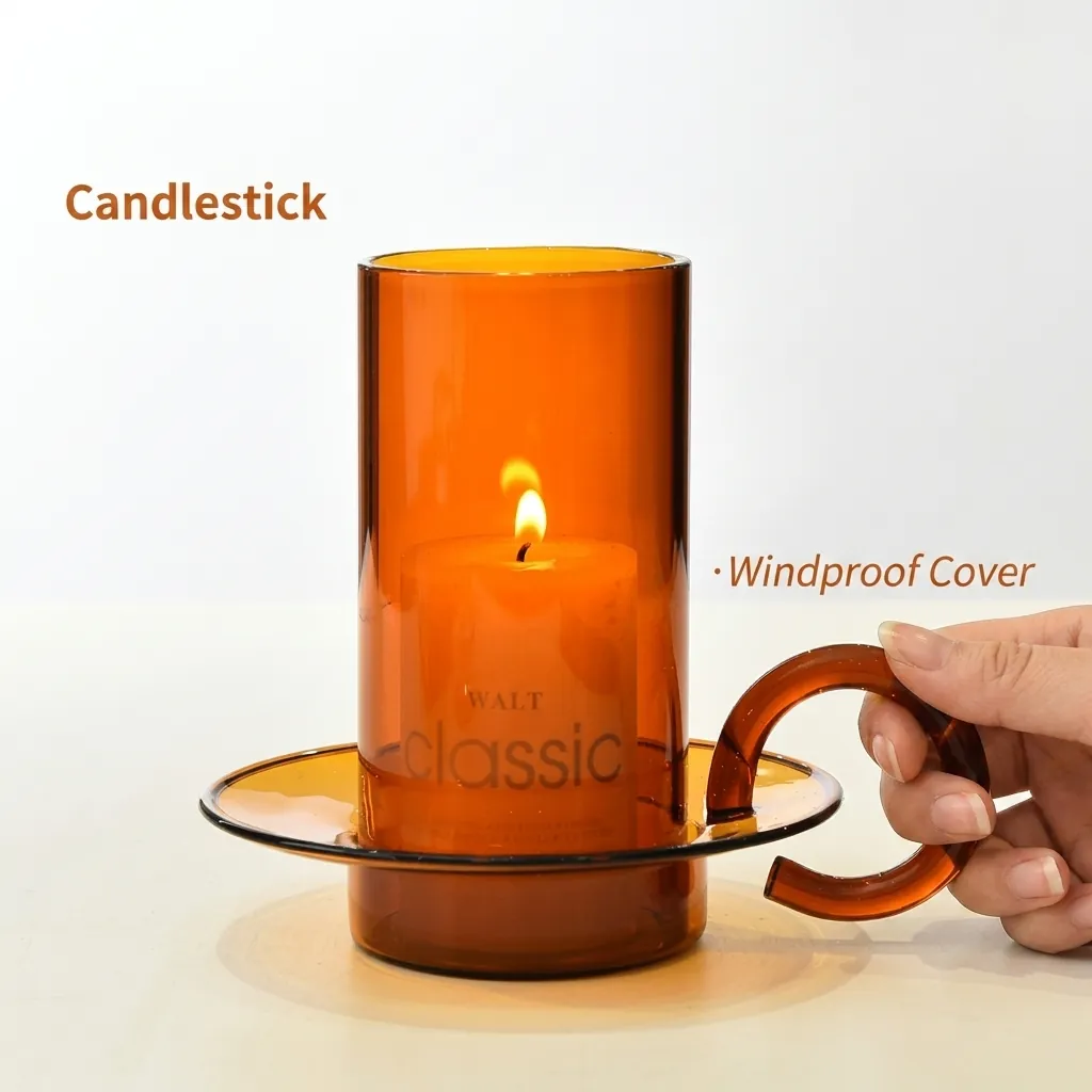 European Vintage Glass Candlestick Holder with Ring Handle Transparent Amber Borosilicate Glass Candle Cup Home Wedding Decor