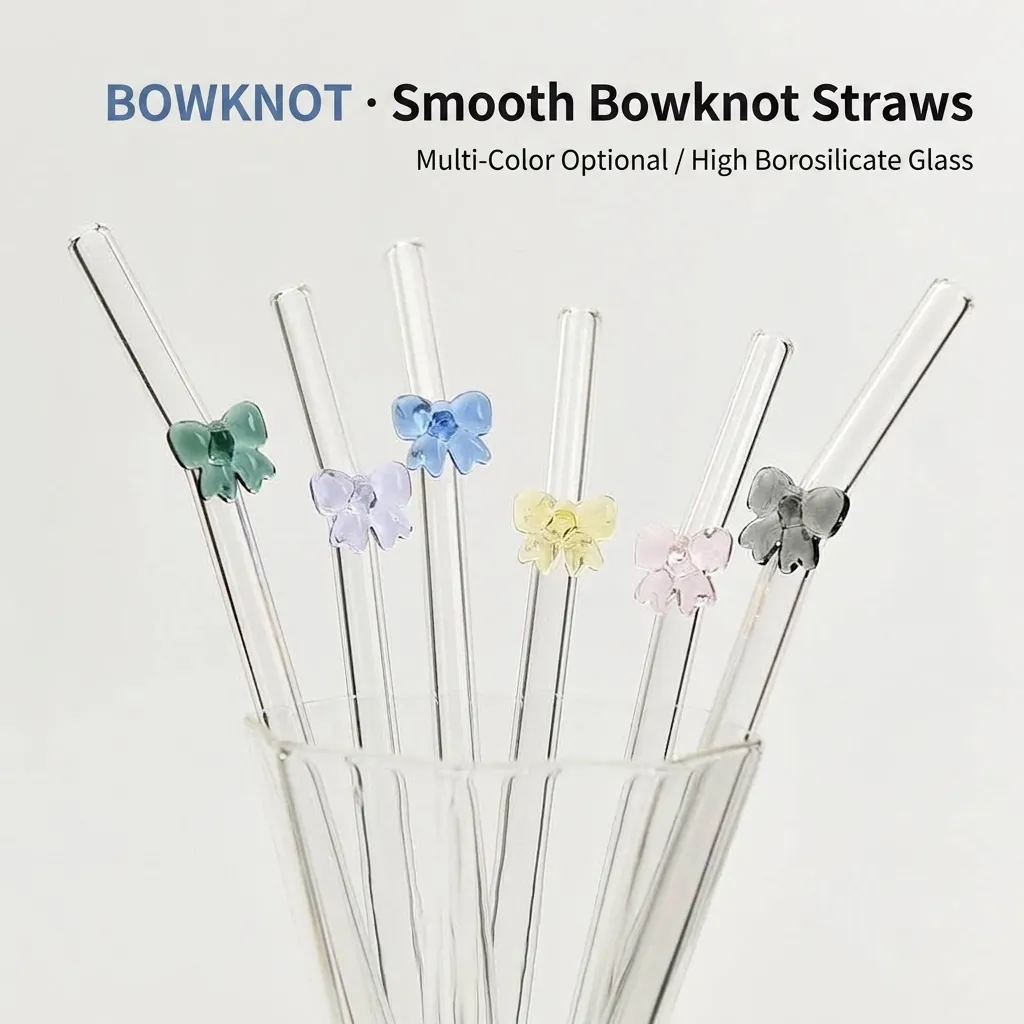 Hand Blown Borosilicate Glass Straw With Colorful Bowknot Decoration Reusable Heat Resistant Curved Drinking Straw For Coffee