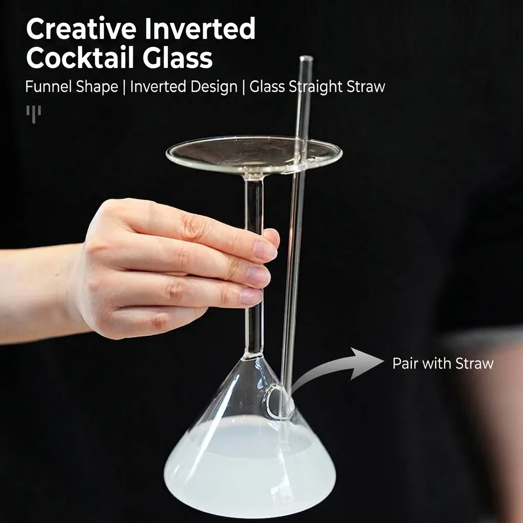 Kreatives Invertiertes Trichterform Cocktailglas Mit Glasstrohhalm Hochborosilikatglas Auslaufsicherer Weinglas Einzigartig