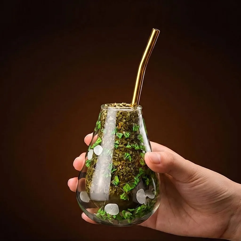 Argentinischer Mate Becher Doppelwandiges Borosilikatglas Kaffeetasse Mit Konservierten Blumen Dekoration Edelstahl Filter Strohhalm