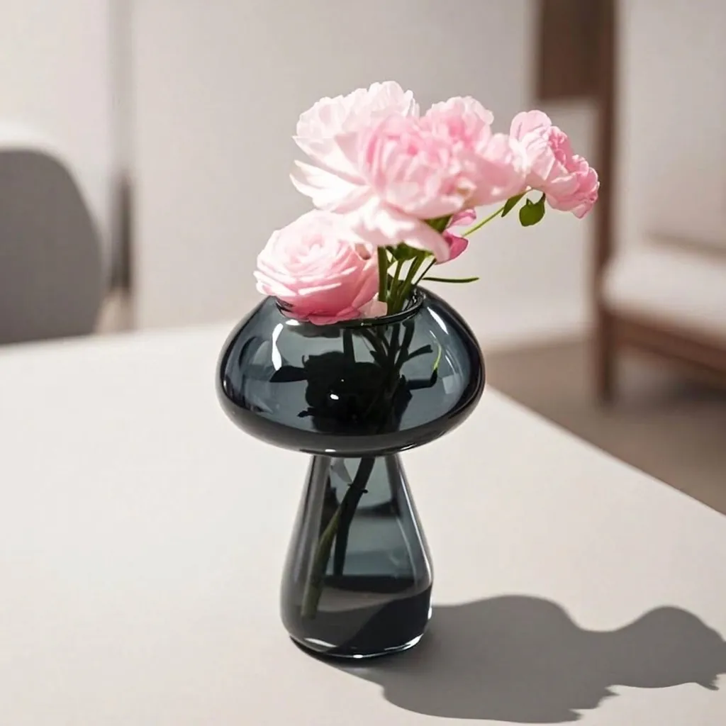 Creative Mushroom Shaped Glass Vase Gray Translucent Flower Vase Modern Minimalist Hydroponic Planter Aromatherapy Bottle Home Decor Display Ornament