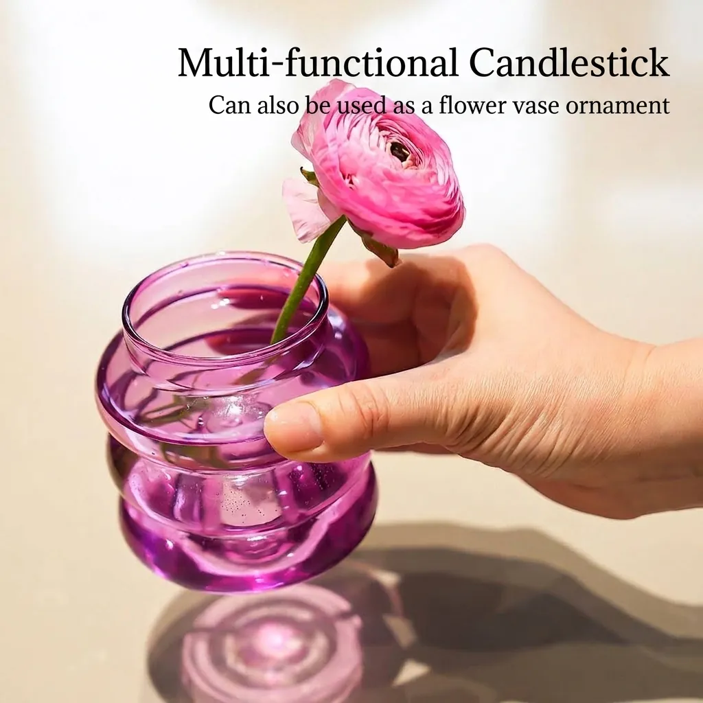 European Retro Colored Glass Candle Holder Ribbed Circle Design Round Dual Use Vase For Home Decor Wedding Party Decoration