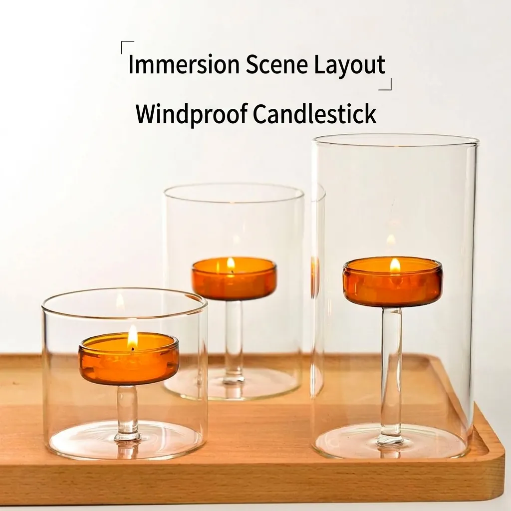 European Cylindrical Blown Glass Candlestick Set Nordic Minimalist Windproof Amber Gray Candle Holder For Wedding Home Decor