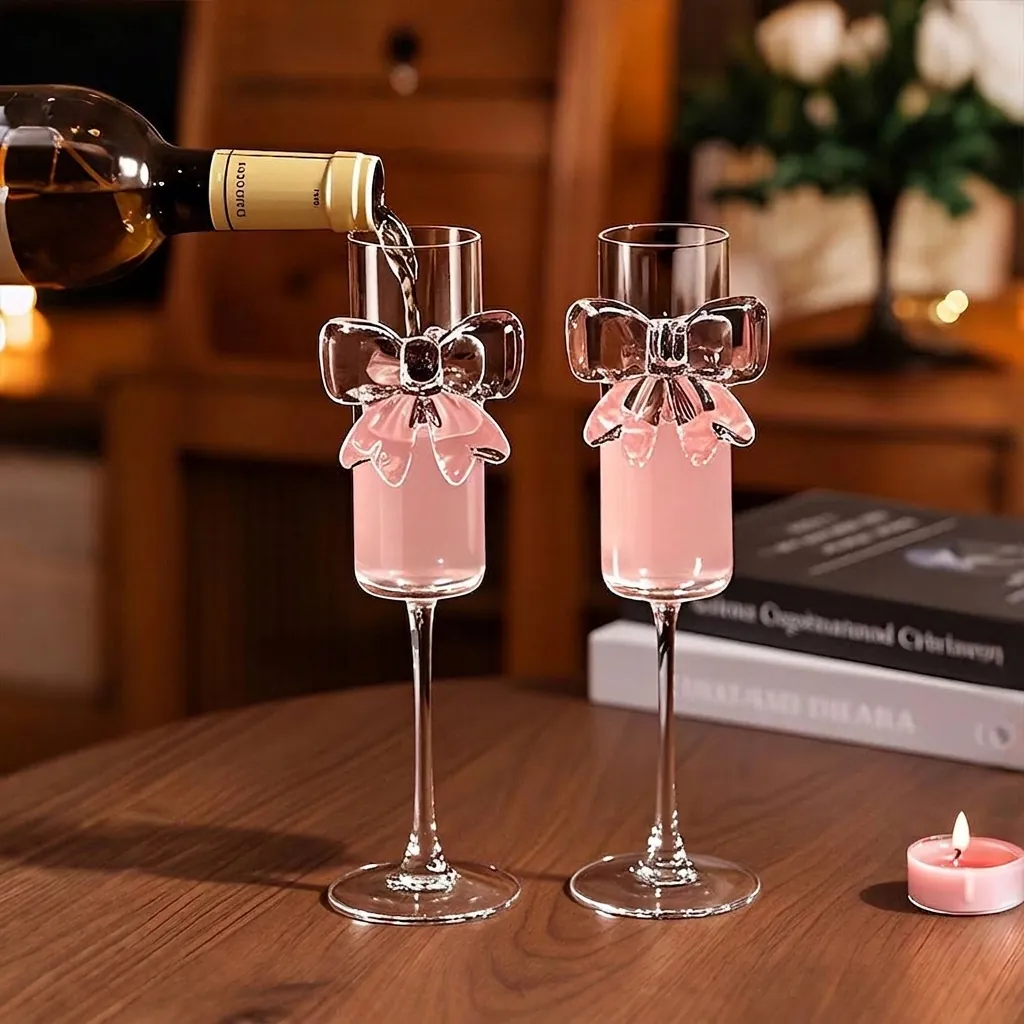 Creative High Borosilicate Glass Champagne Flute With Pink Bowknot Elegant Wine Goblet For Valentine Wedding Party Gift