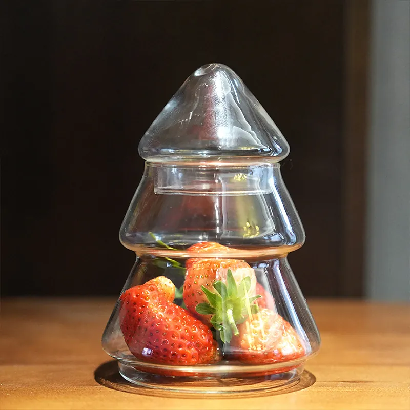 Christmas Tree Shaped Glass Storage Jar With Lid Clear Candy Jar For Kitchen Table Home Decor Festive Decorative Container